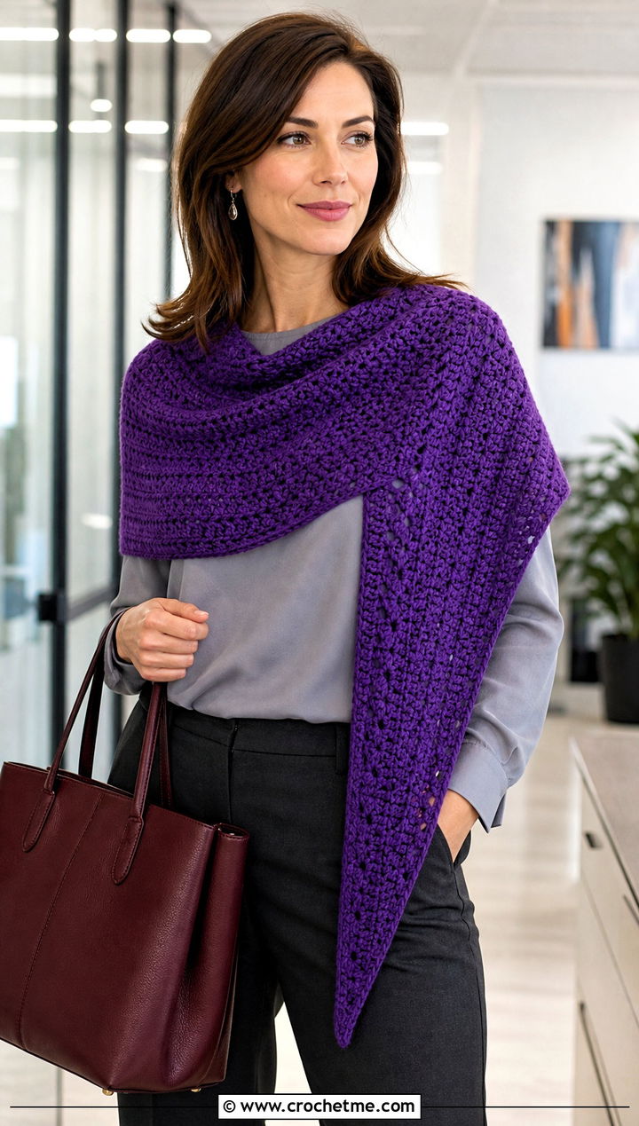 Rectangular V Stitch Crochet Shawl With Tailored Trousers - 25 V Stitch Crochet Shawl outfit ideas