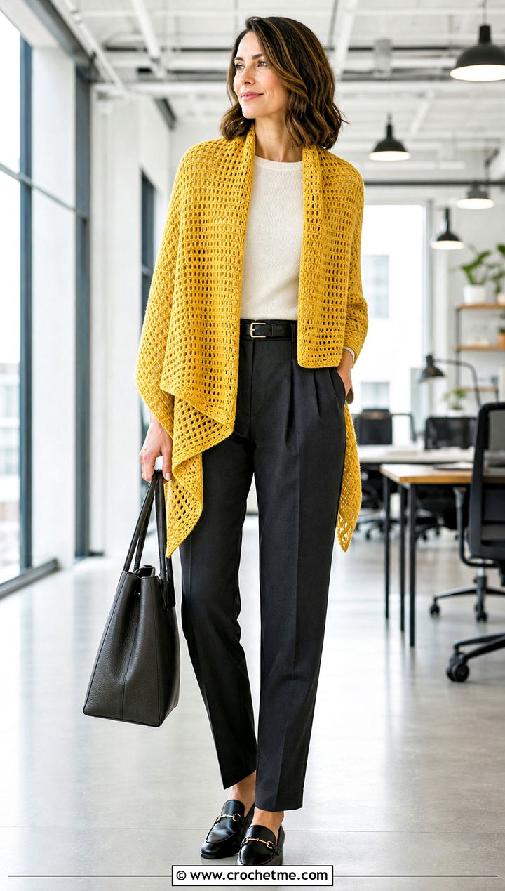 Rectangular Waffle Crochet Shawl With Tailored Trousers - 15 Waffle Crochet Shawl outfit ideas