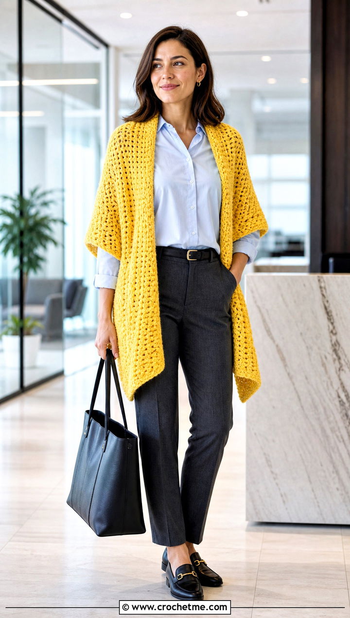 Rectangular Wrap Bulky Yarn Crochet Shawl With Tailored Trousers - 20 Bulky Yarn Crochet Shawl outfit ideas