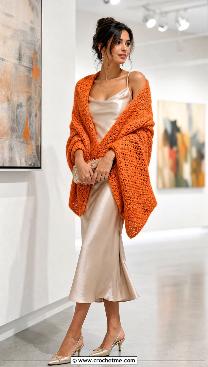 Rectangular Wrap Shawl With Satin Slip Dress - 15 Lion Brand Crochet Shawl In A Ball outfit ideas