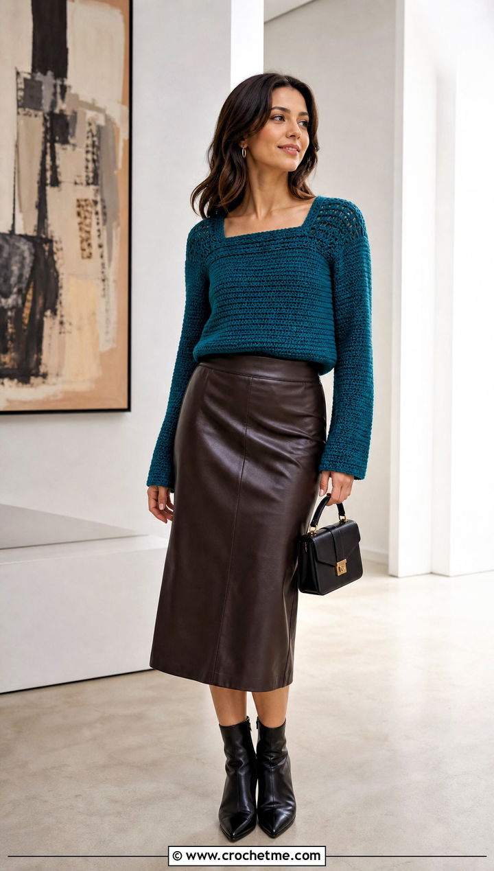 Rectangular Yoke Crochet Shirt With Leather Midi Skirt - 15 Crochet Yoke Shirt outfit ideas