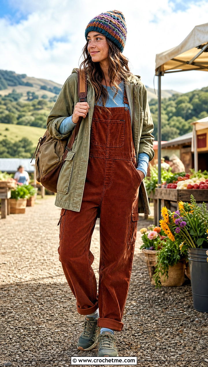 Recycled Yarn Crochet Beanie With Field Jacket And Corduroy Overalls - 35 crocheted beanies outfit ideas