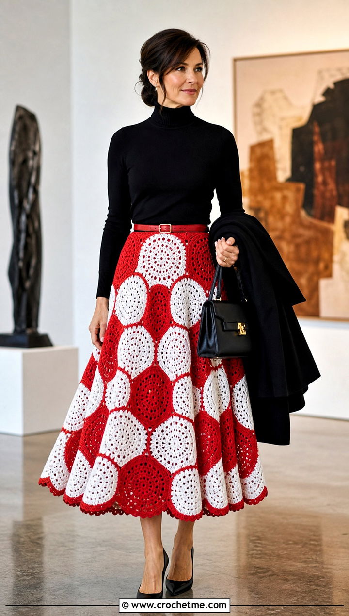 Red And White Circle Crochet Skirt With Fitted Turtleneck - 25 red and white crochet skirt outfit ideas