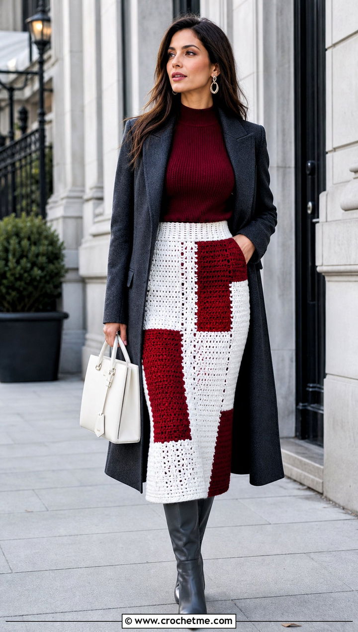 Red And White Color Block Crochet Midi Skirt With Longline Coat - 25 red and white crochet skirt outfit ideas