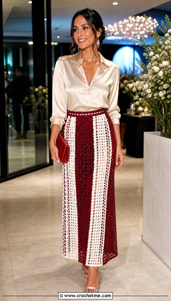 Red And White Column Crochet Maxi Skirt With Satin Blouse - 25 red and white crochet skirt outfit ideas
