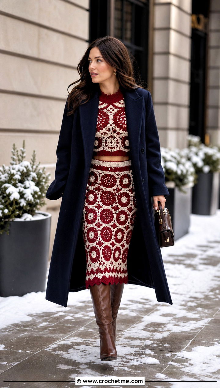 Red And White Crochet Co Ord With A Long Wool Coat - 15 Red And White Crochet Holiday Outfit ideas