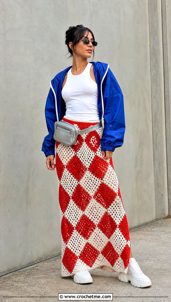 Red And White Diamond Crochet Maxi Skirt With Windbreaker - 25 red and white crochet skirt outfit ideas