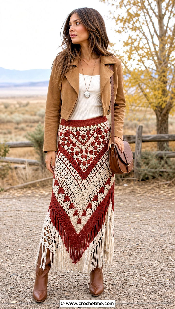 Red And White Fringe Crochet Maxi Skirt With Suede Jacket - 25 red and white crochet skirt outfit ideas