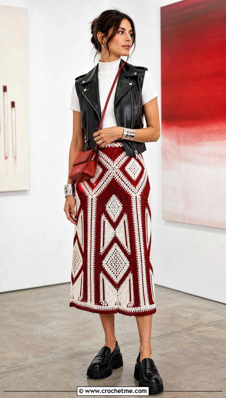 Red And White Geometric Crochet Midi Skirt With Moto Vest - 25 red and white crochet skirt outfit ideas