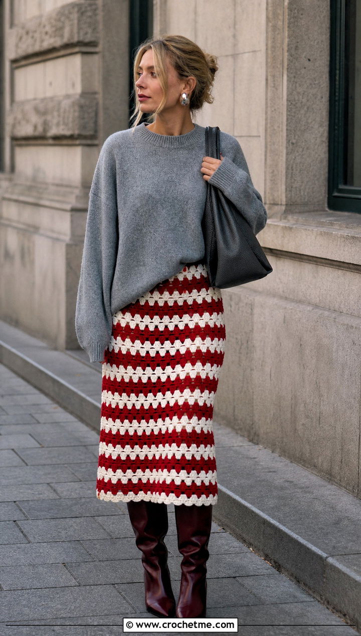 Red And White Granny Stripe Crochet Skirt With Oversized Sweater - 25 red and white crochet skirt outfit ideas