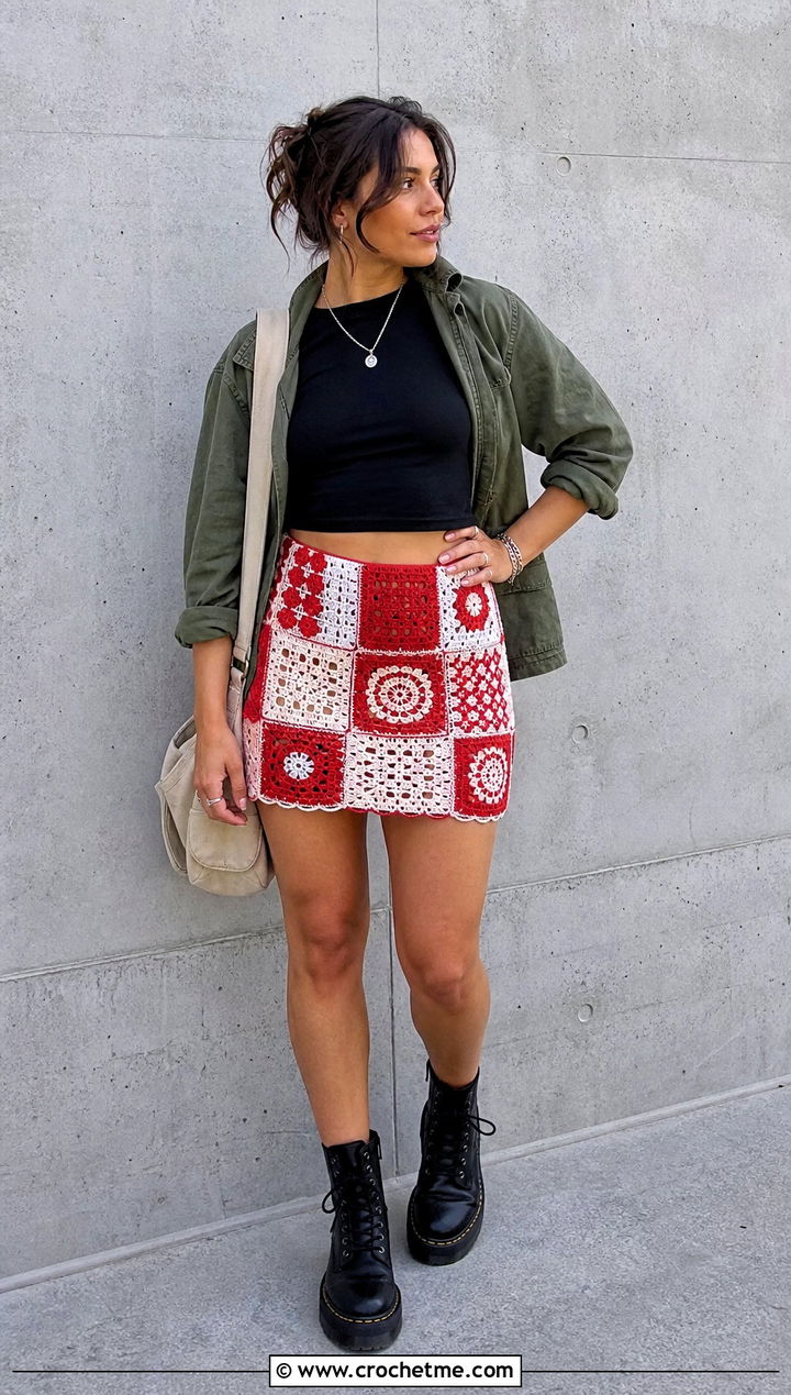 Red And White Patchwork Crochet Mini Skirt With Utility Jacket - 25 red and white crochet skirt outfit ideas