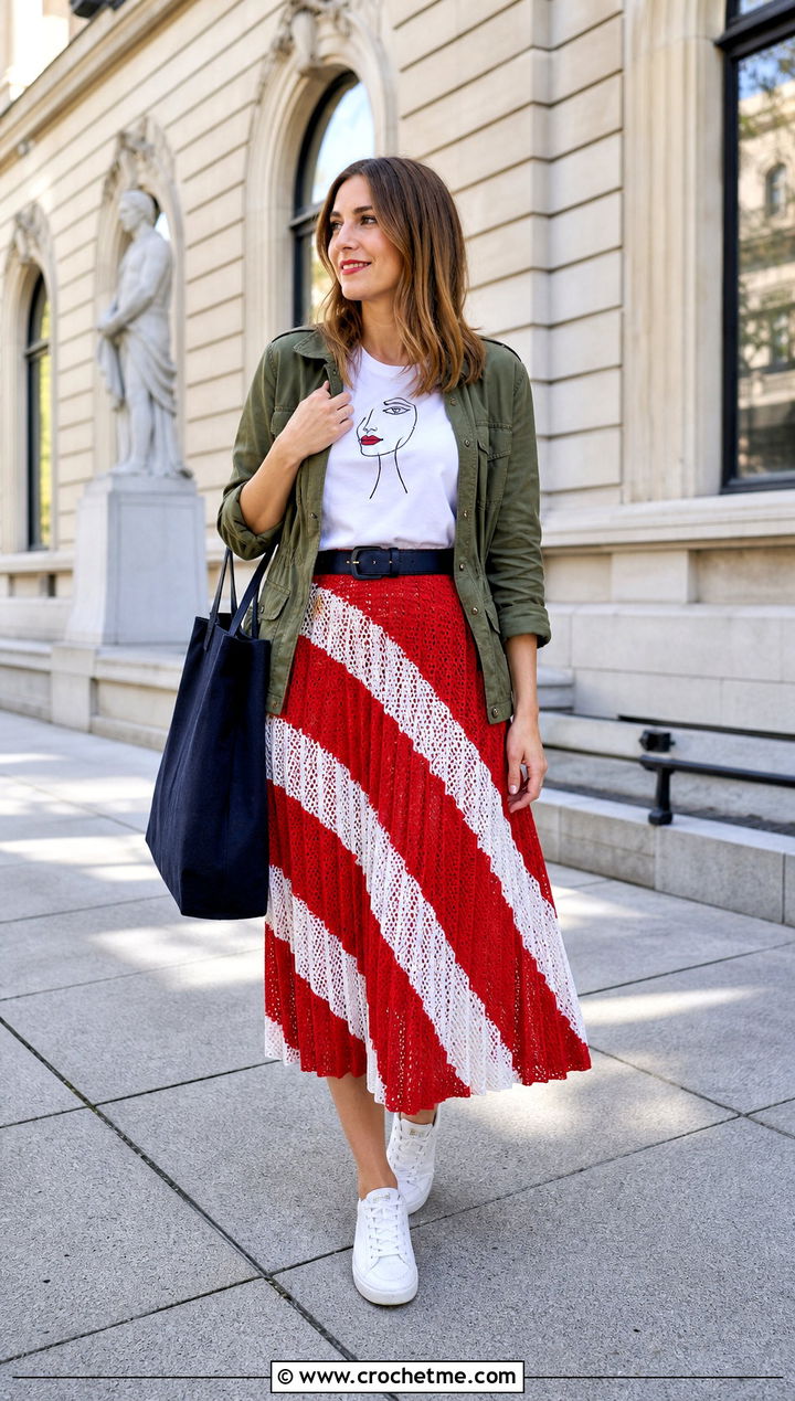 Red And White Pleated Crochet Midi Skirt With Graphic T Shirt - 25 red and white crochet skirt outfit ideas