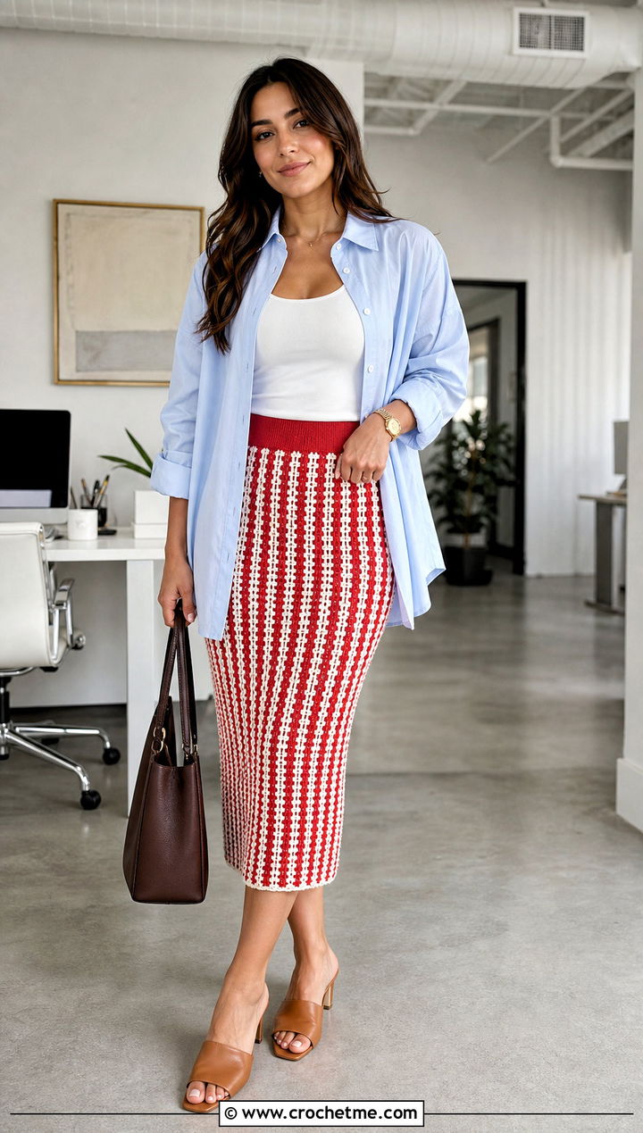 Red And White Ribbed Crochet Pencil Skirt With Oversized Shirt - 25 red and white crochet skirt outfit ideas