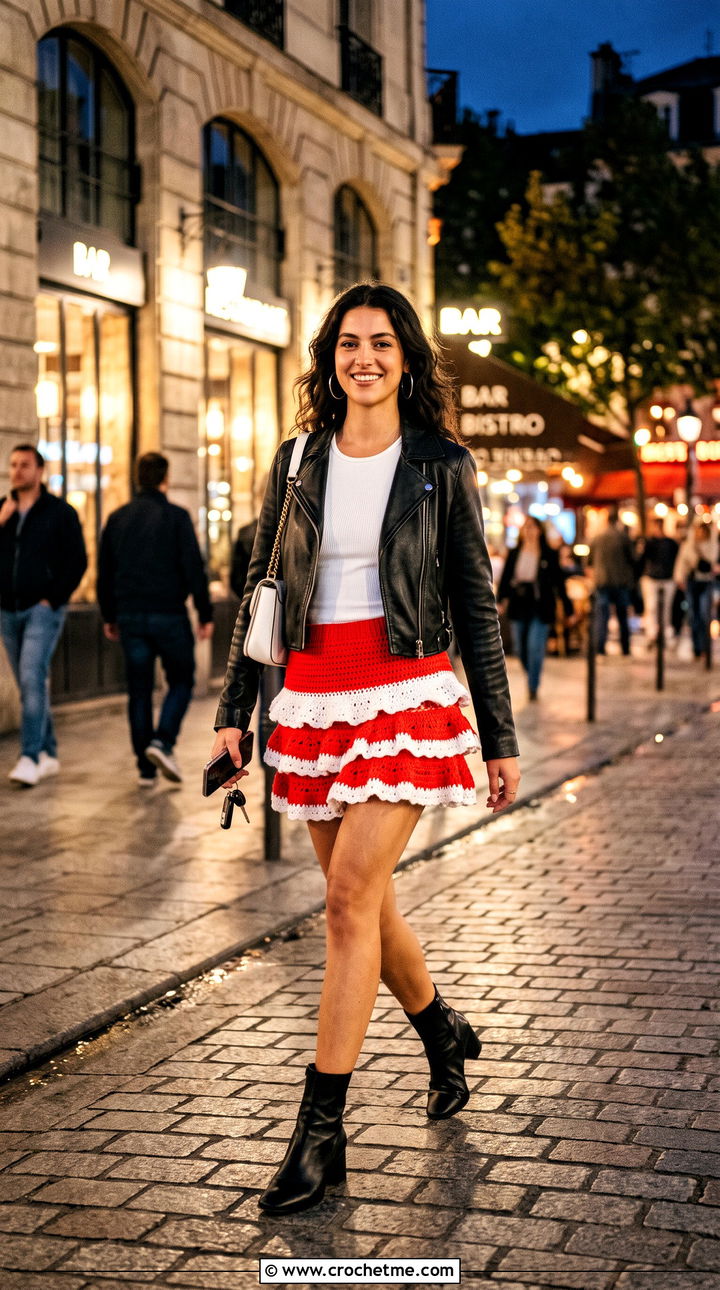 Red And White Ruffle Crochet Mini Skirt With Leather Jacket - 25 red and white crochet skirt outfit ideas