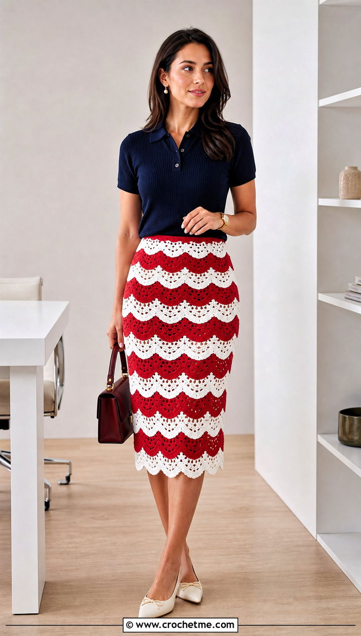 Red And White Scalloped Crochet Pencil Skirt With Knit Polo - 25 red and white crochet skirt outfit ideas