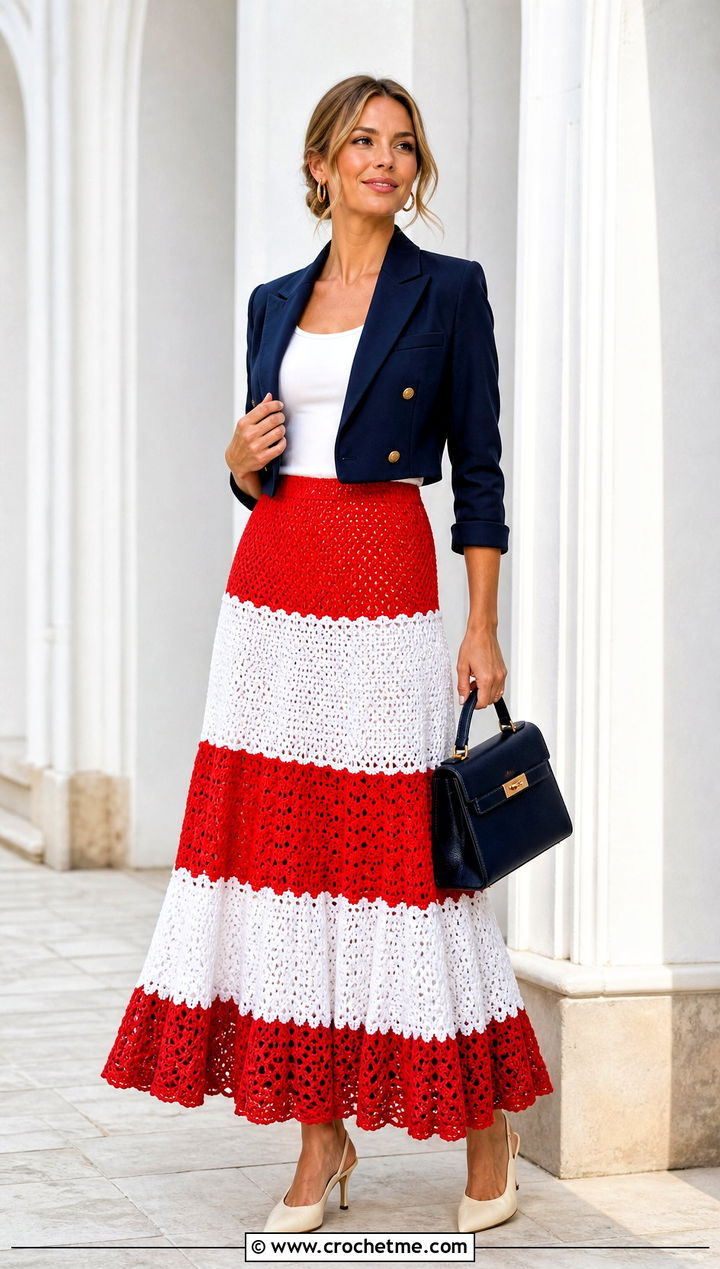 Red And White Tiered Crochet Maxi Skirt With Cropped Blazer - 25 red and white crochet skirt outfit ideas