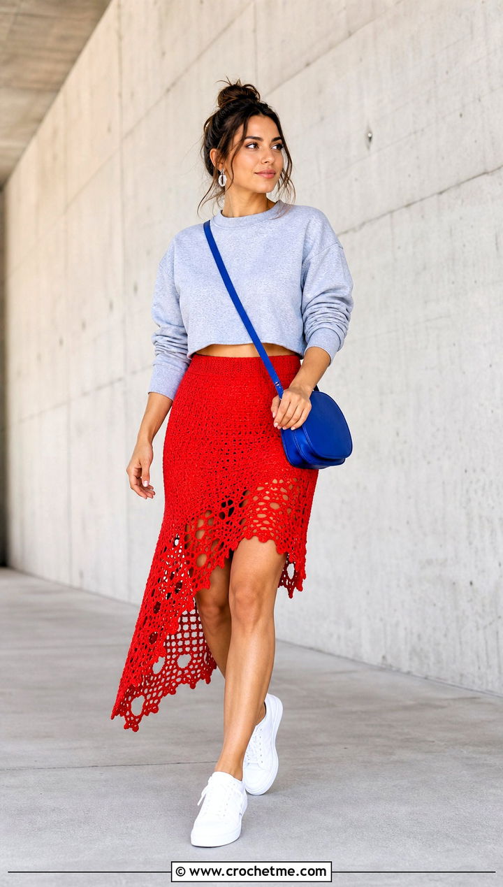 Red Asymmetric Crochet Skirt With Sweatshirt - 15 red crochet skirt outfit ideas