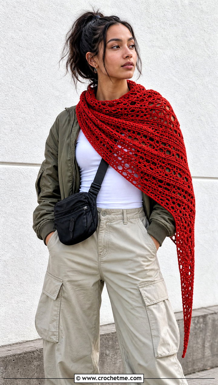 Red Asymmetrical Crochet Shawl With Cargo Pants - 15 red crochet shawl outfit ideas