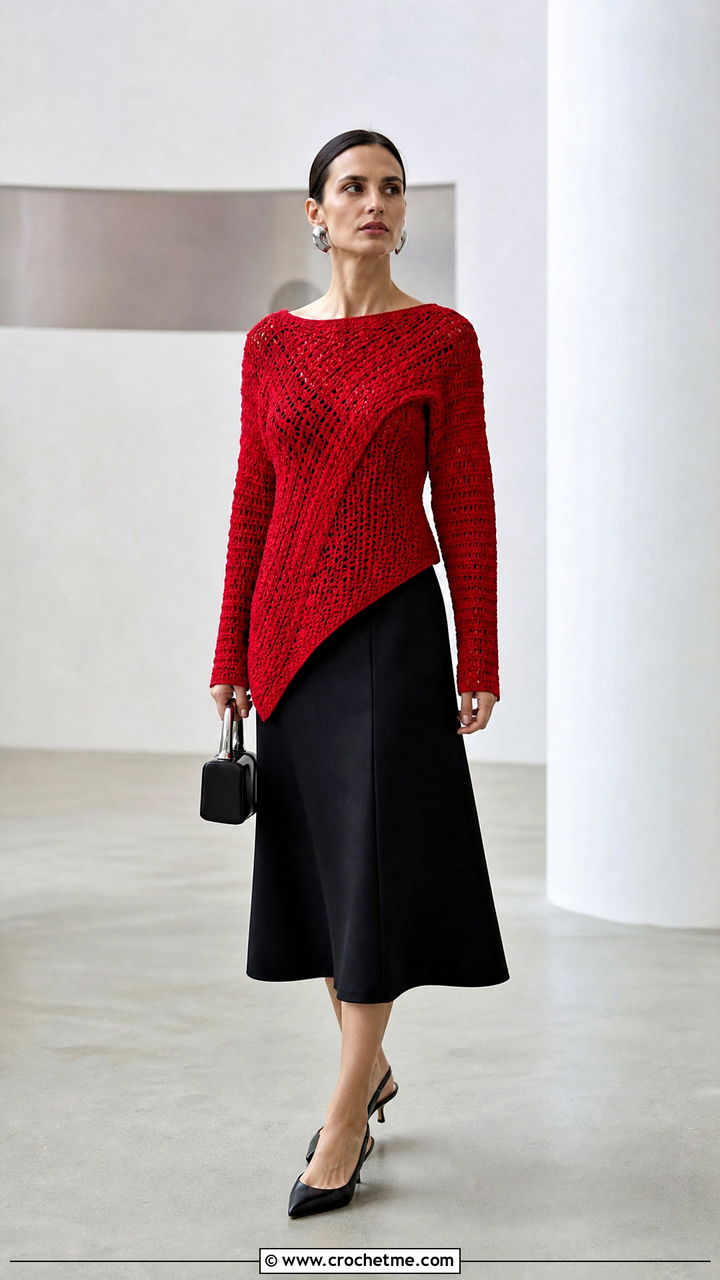 Red Asymmetrical Crochet Sweater With Black Midi Skirt - 35 red crochet sweater outfit ideas