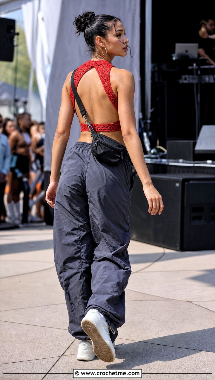 Red Backless Crochet Crop Top With Parachute Pants - 25 Red Crochet Crop Top outfit ideas