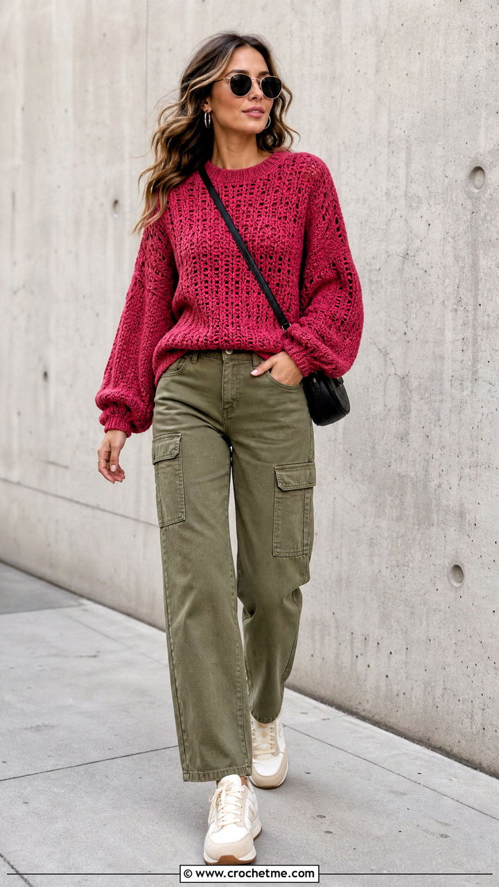 Red Balloon Sleeve Crochet Sweater With Cargo Pants - 35 red crochet sweater outfit ideas