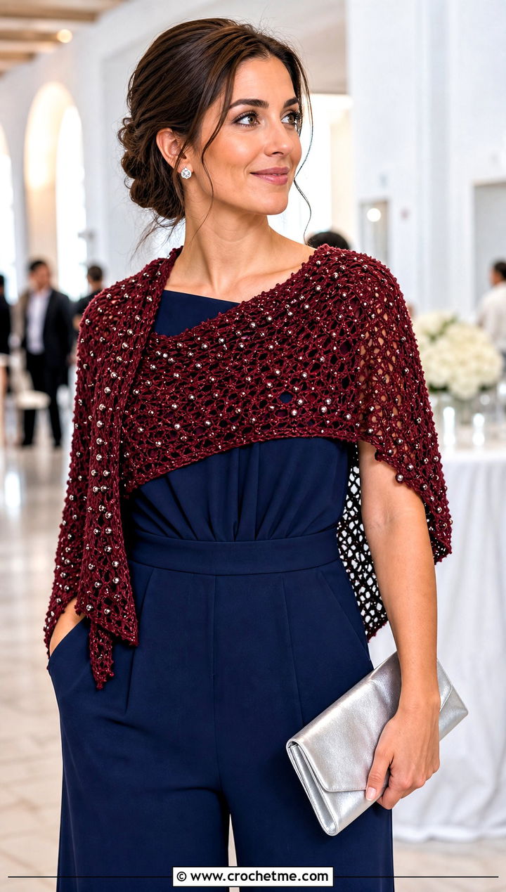Red Beaded Crochet Shawl With A Tailored Jumpsuit - 15 red crochet shawl outfit ideas