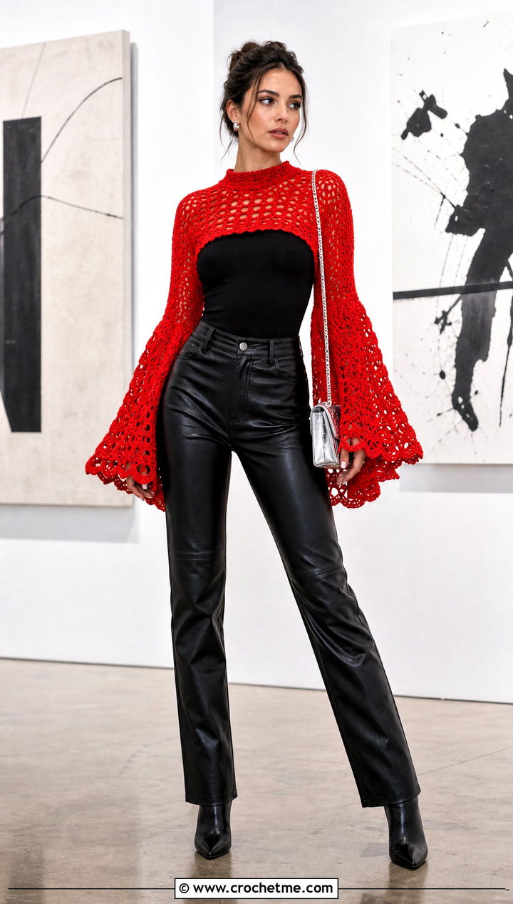 Red Bell Sleeve Crochet Sweater With Leather Pants - 15 Red Crochet Sweater On Hanger outfit ideas