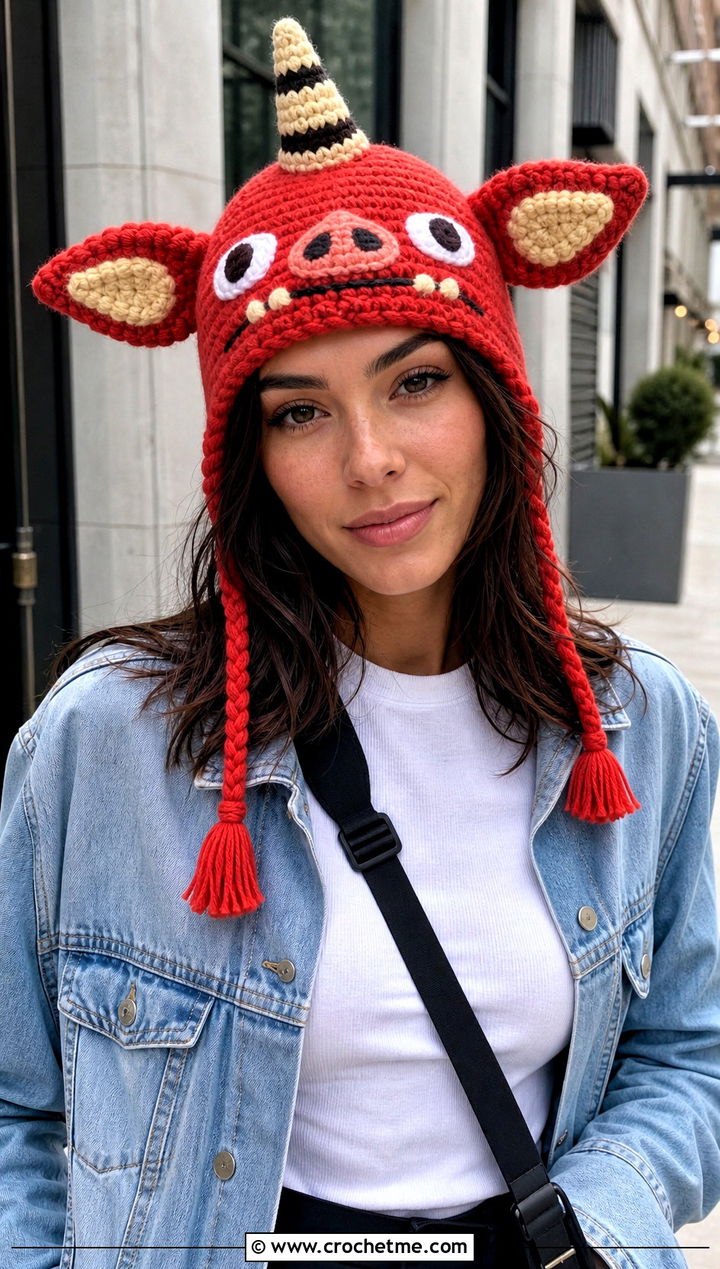 Red Bokoblin Earflap Crochet Hat With Denim Jacket - 15 Bokoblin Crochet Hat outfit ideas