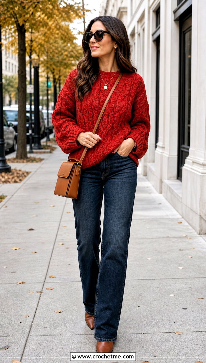 Red Cable Crochet Sweater With Straight Leg Jeans - 25 taylor swift crochet sweater outfit ideas