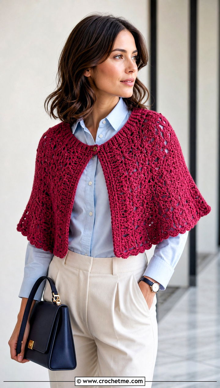 Red Capelet Crochet Shawl With Pleated Trousers - 15 red crochet shawl outfit ideas