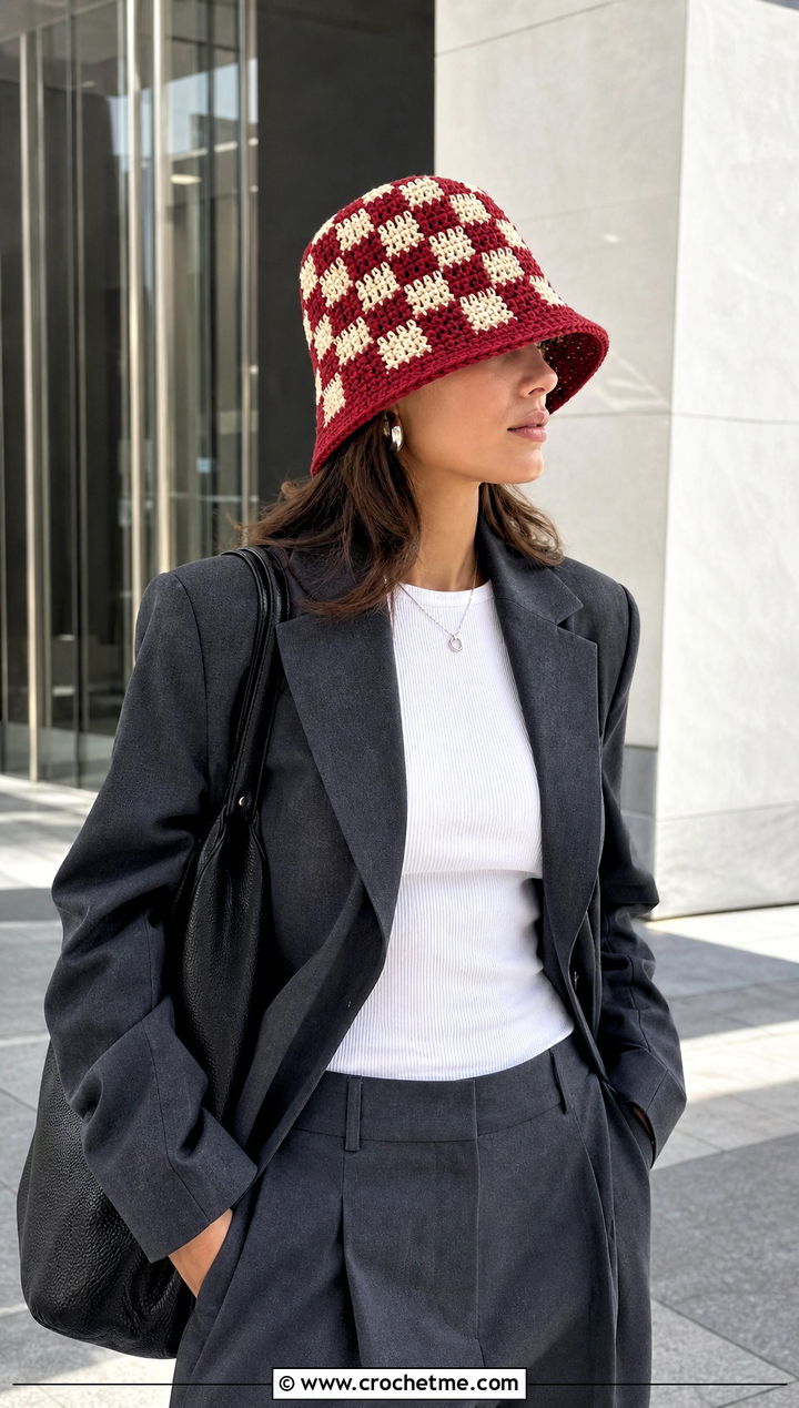 Red Checkerboard Crochet Bucket Hat With Blazer And Trousers - 30 red crochet bucket hat outfit ideas