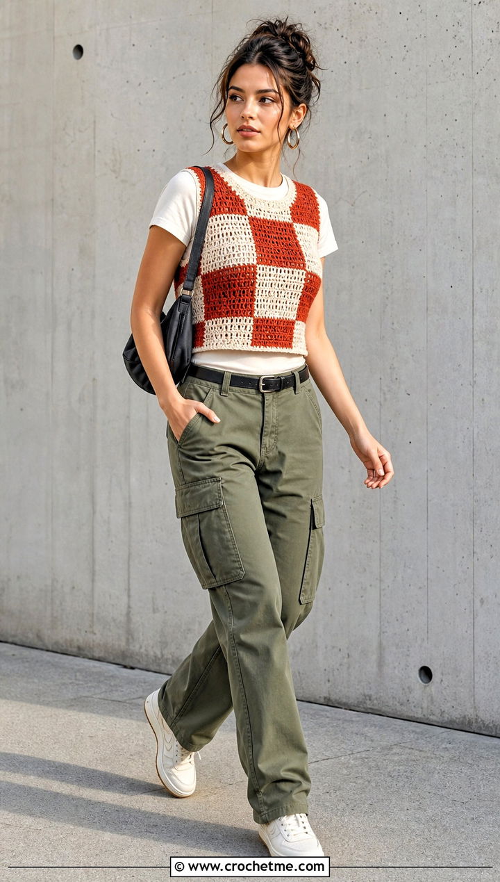 Red Checkerboard Crochet Sweater Vest With Cargo Pants - 15 red crocheted sweater vest outfit ideas