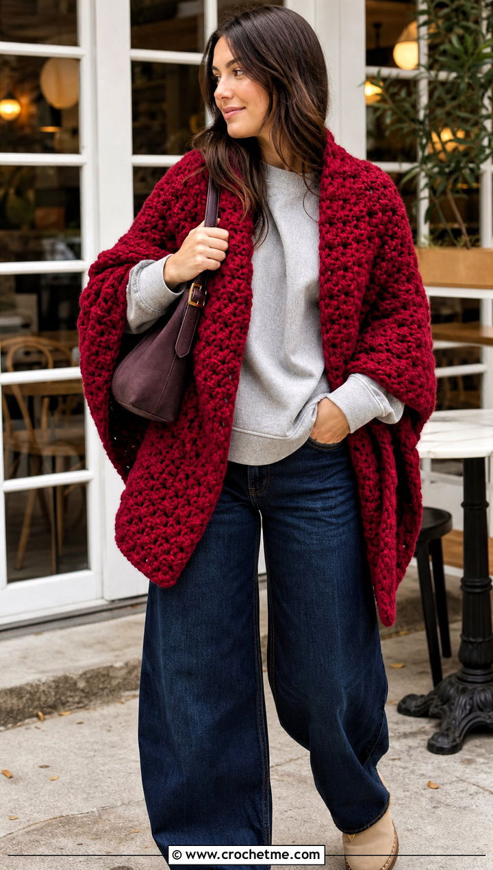 Red Chunky Blanket Shawl With Barrel Jeans - 15 Red Crocheted Shawl On Hanger outfit ideas