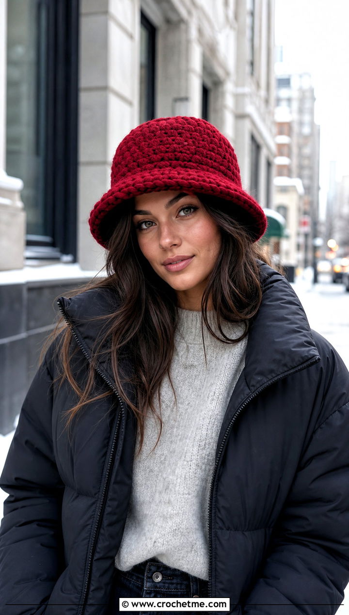 Red Chunky Crochet Bucket Hat With Puffer Jacket And Jeans - 30 red crochet bucket hat outfit ideas