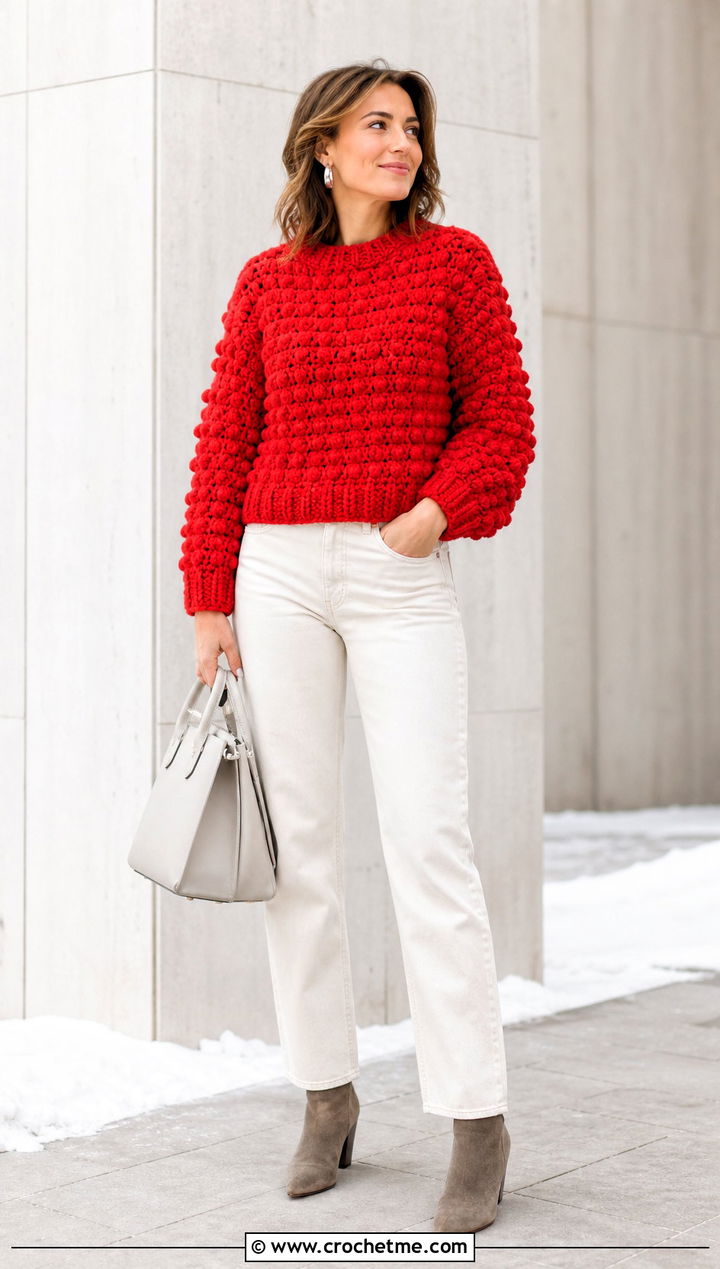 Red Chunky Crochet Sweater With Cream Jeans - 15 Red Crochet Sweater On Hanger outfit ideas