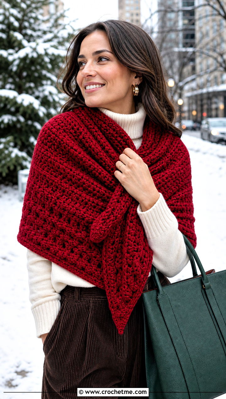 Red Chunky Textured Crochet Shawl With Corduroy Pants - 15 red crochet shawl outfit ideas