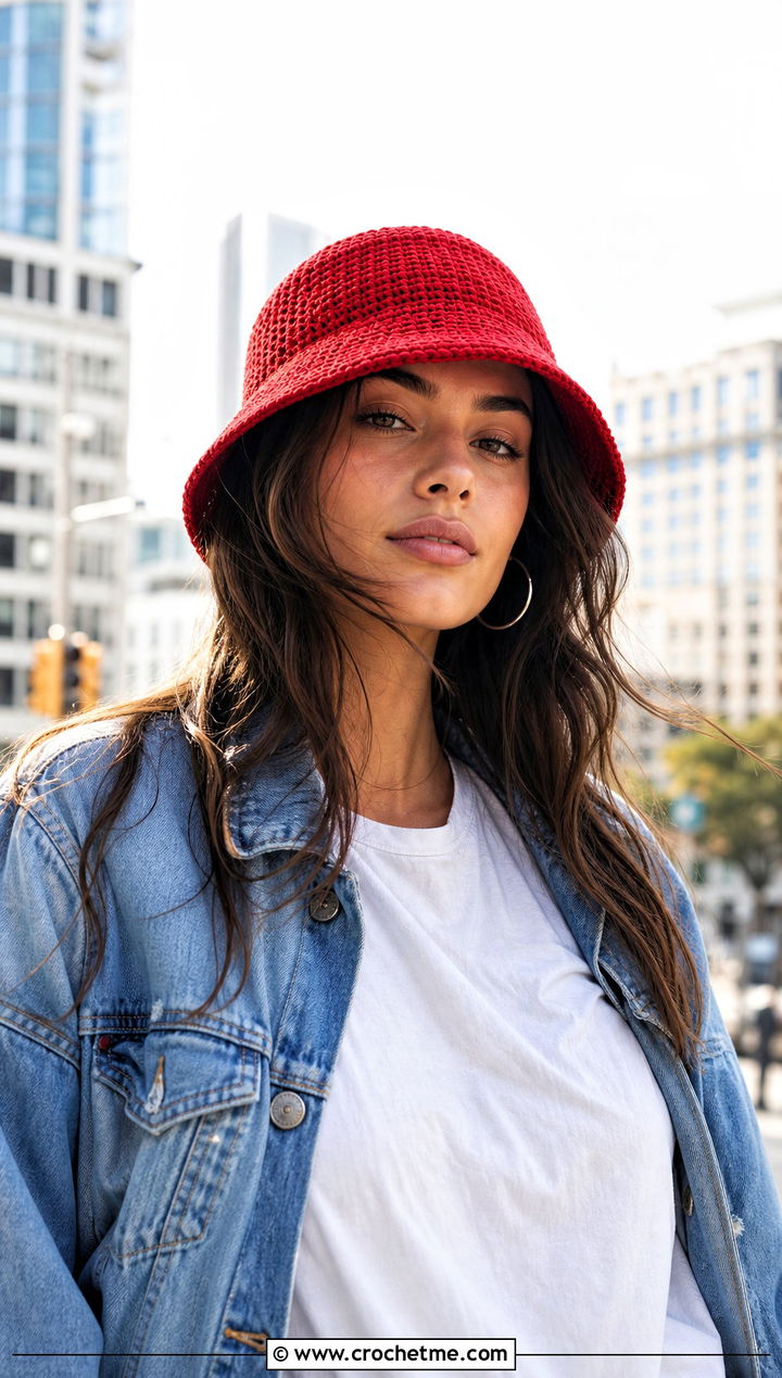 Red Classic Cotton Crochet Bucket Hat With White T Shirt And Jeans - 30 red crochet bucket hat outfit ideas