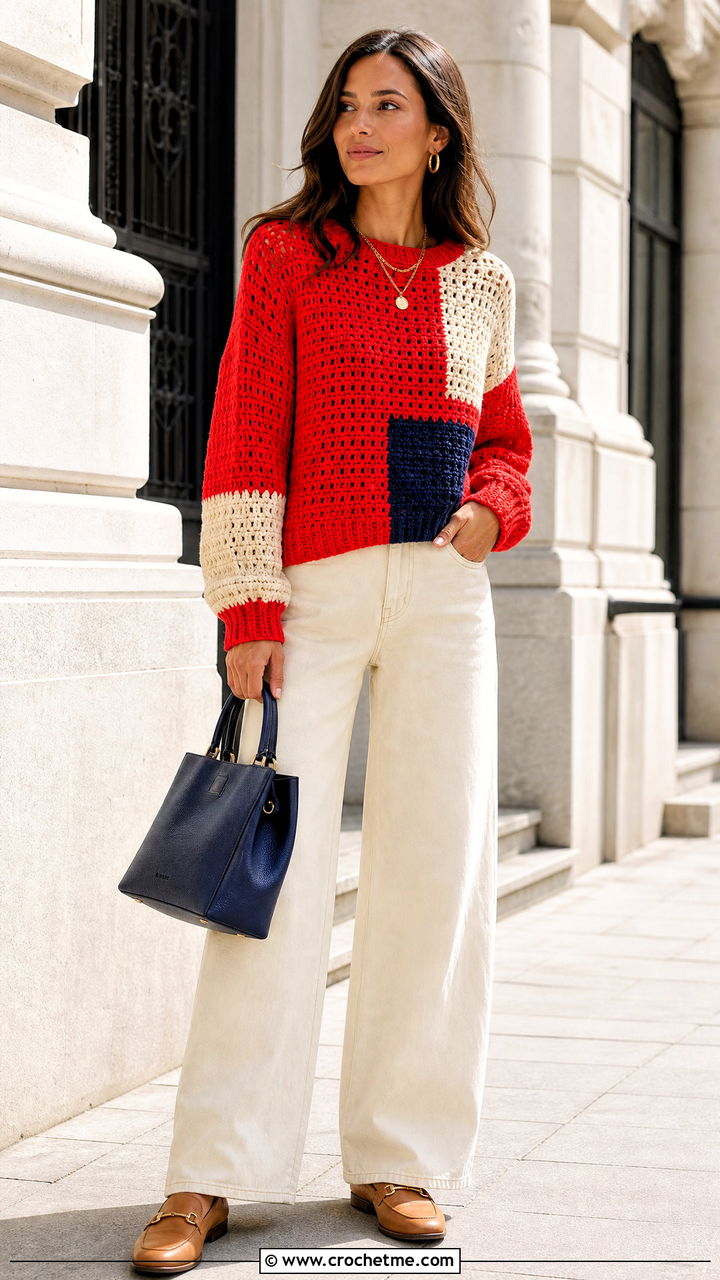 Red Color Block Crochet Sweater With Ecru Jeans - 35 red crochet sweater outfit ideas
