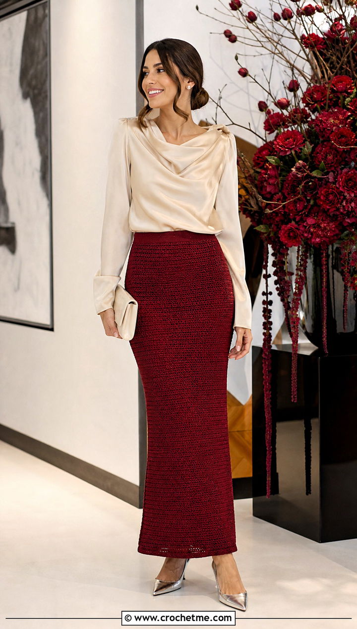 Red Column Crochet Skirt With Satin Blouse - 15 red crochet skirt outfit ideas