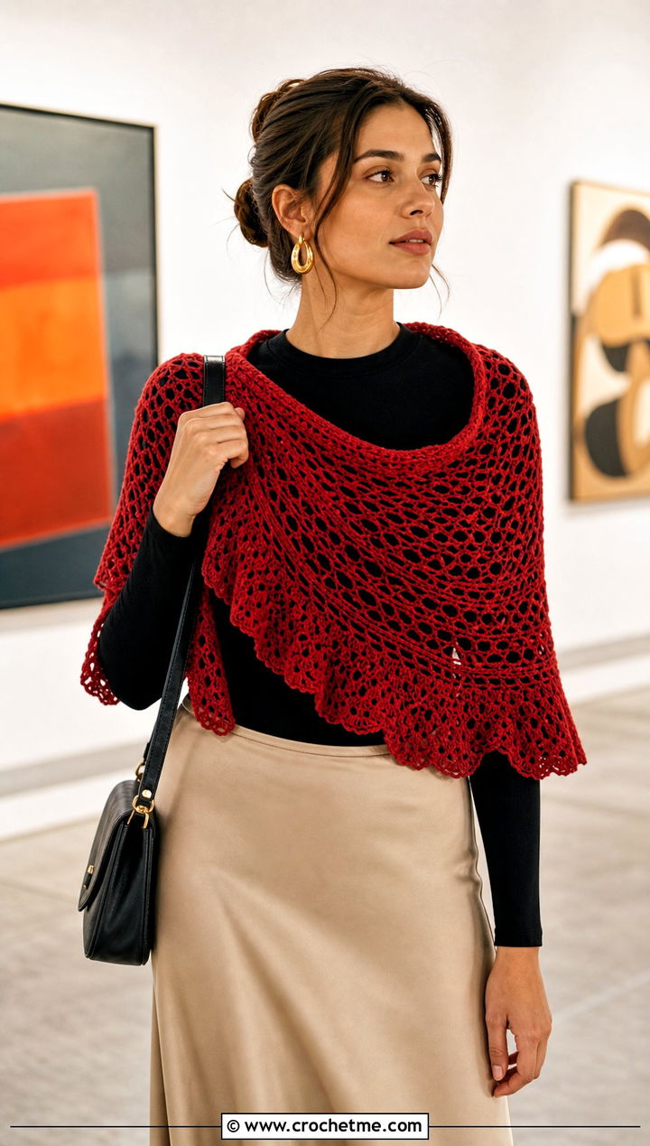 Red Crescent Crochet Shawl With A Satin Midi Skirt - 15 red crochet shawl outfit ideas