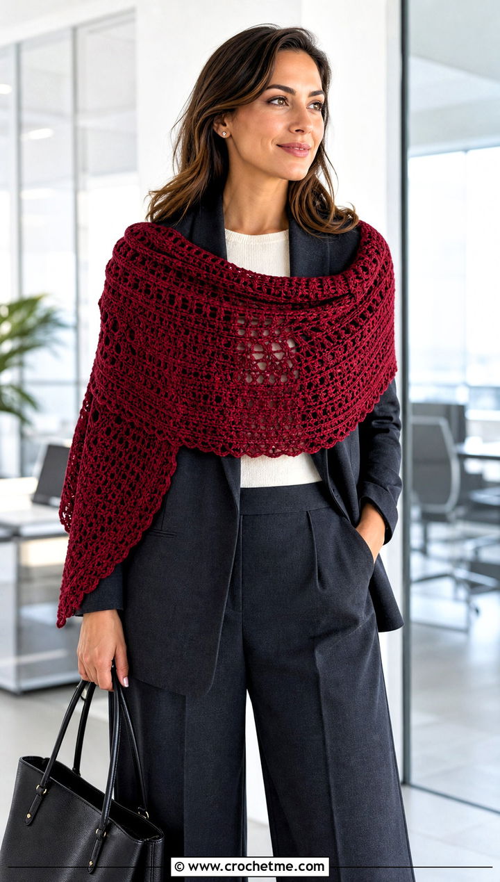 Red Crescent Crochet Shawl With Trouser Suit - 15 Red Crocheted Shawl On Hanger outfit ideas