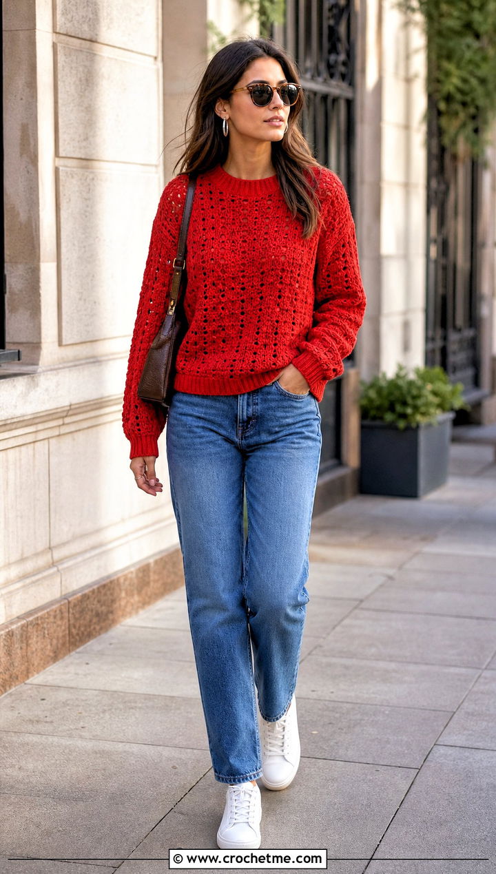 Red Crewneck Crochet Sweater With Straight Leg Jeans - 15 Red Crochet Sweater On Hanger outfit ideas
