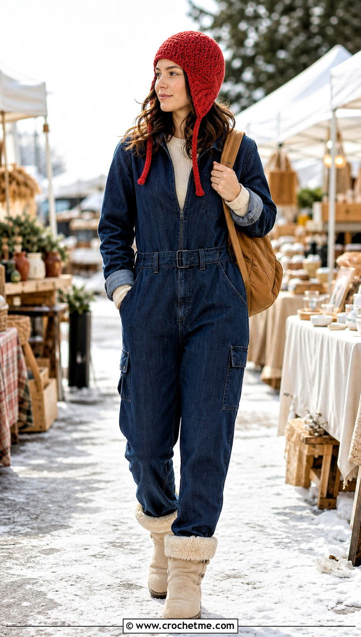 Red Crochet Aviator Hat With Denim Jumpsuit - 35 red crochet hat outfit ideas