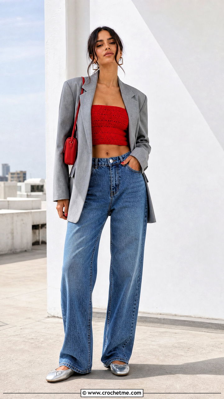 Red Crochet Bandeau Top With Oversized Blazer - 35 Red Crochet Top outfit ideas