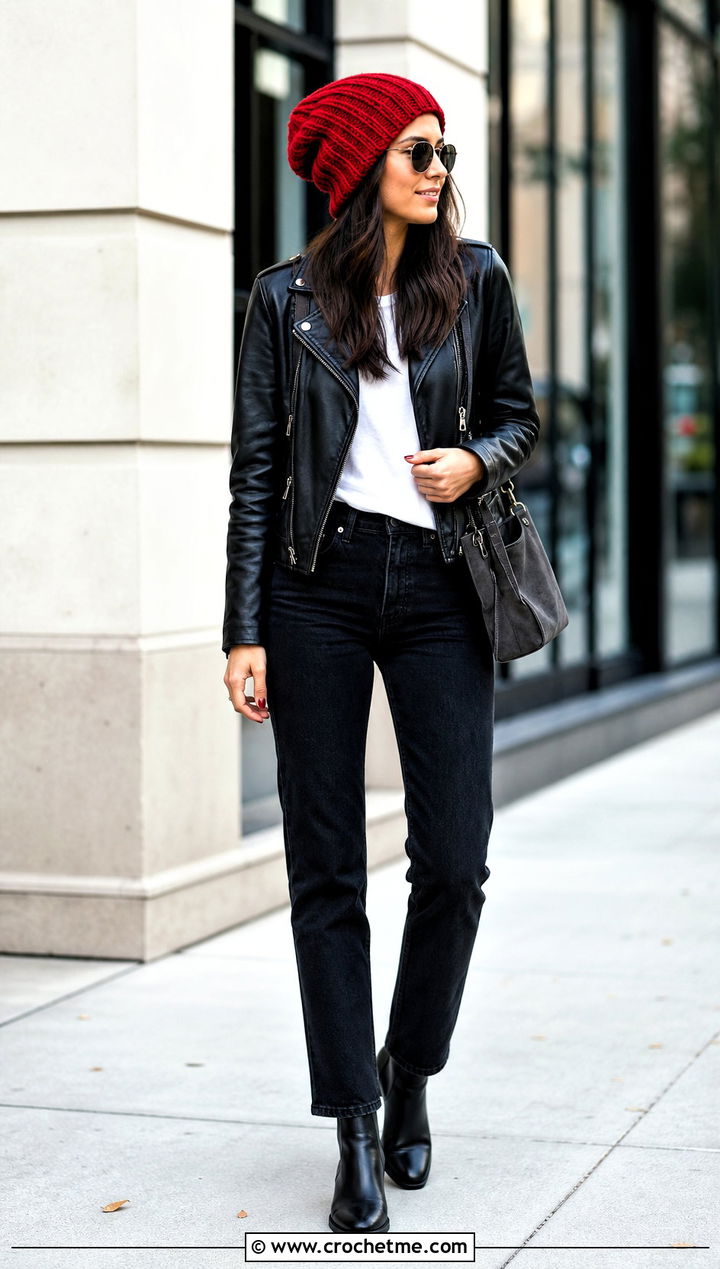 Red Crochet Beanie With Black Leather Jacket - 35 red crochet hat outfit ideas