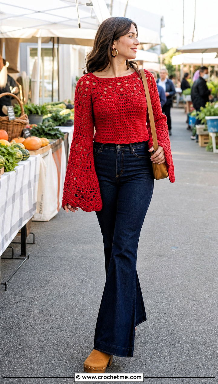 Red Crochet Bell Sleeve Top With Flared Jeans - 15 handmade red crochet top outfit ideas