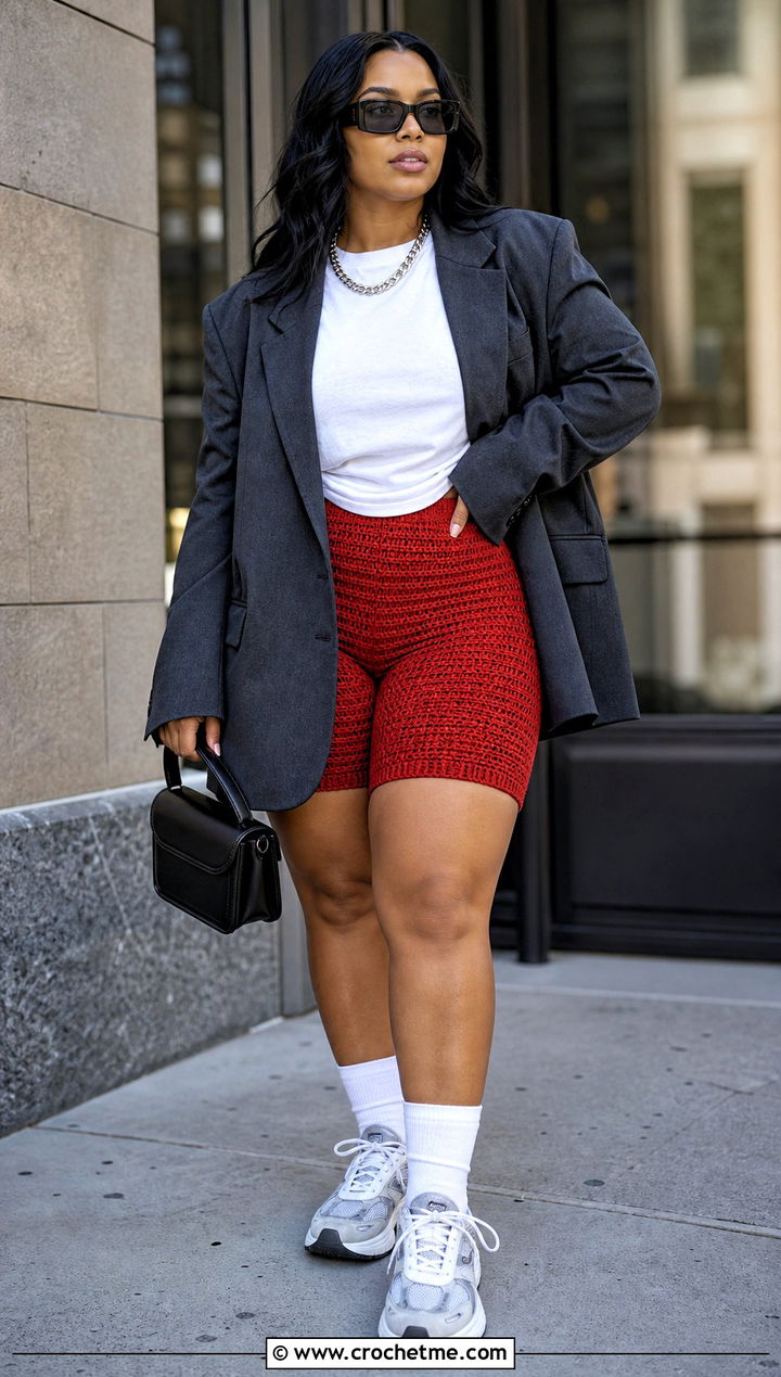 Red Crochet Biker Shorts With Oversized Blazer - 35 red crochet shorts outfit ideas
