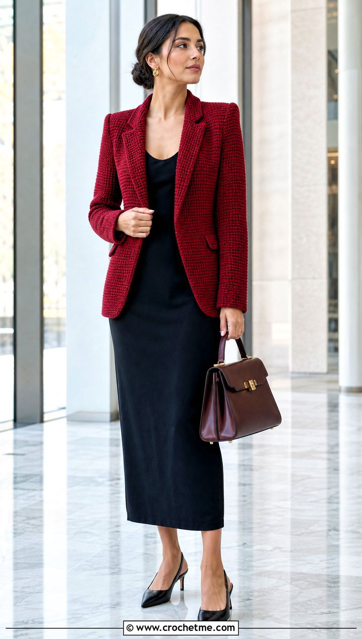 Red Crochet Blazer With Black Column Dress - 20 red crochet clothing and outfit ideas