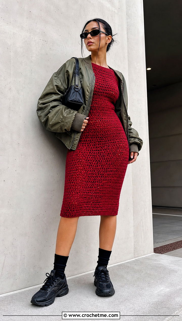 Red Crochet Bodycon Dress With Oversized Bomber - 15 Crochet Red Dress outfit ideas
