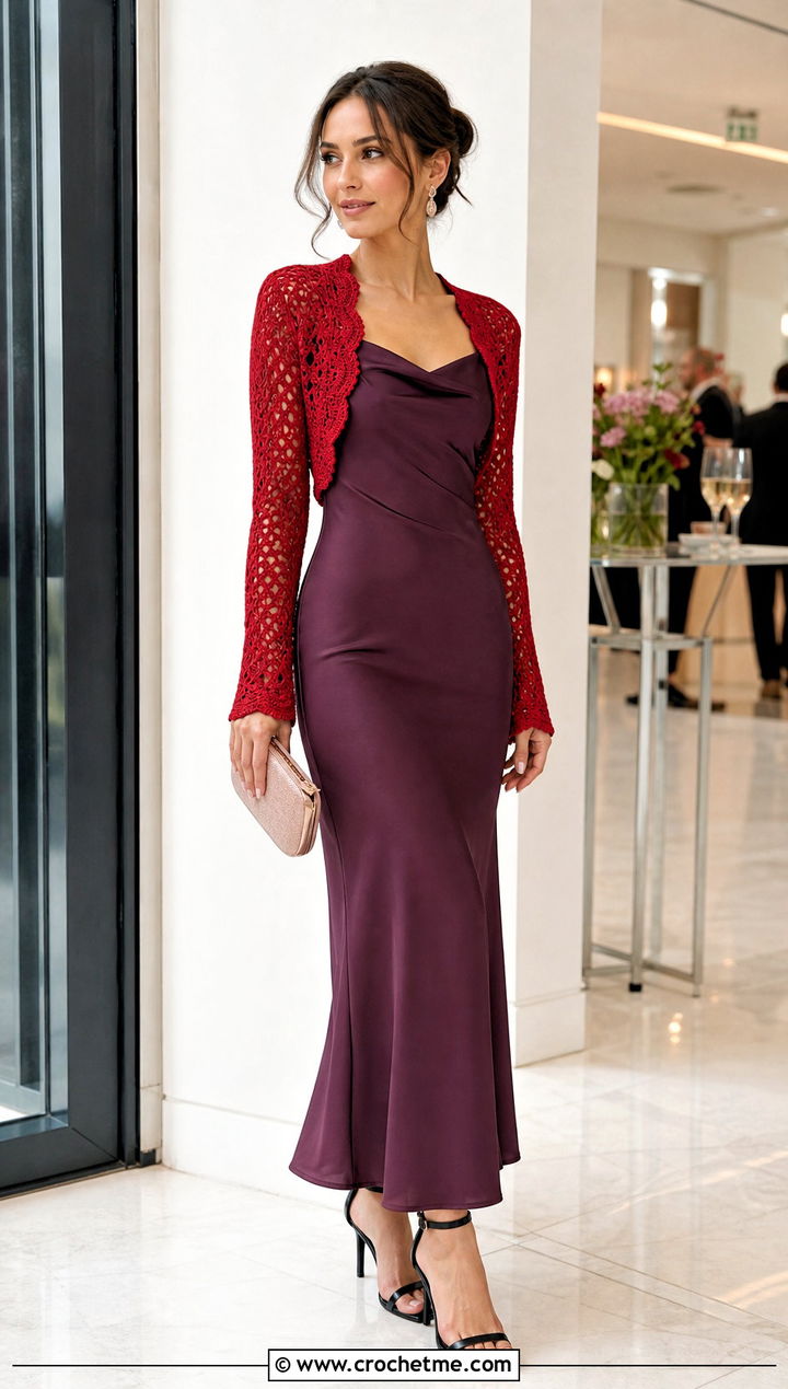 Red Crochet Bolero With Slip Dress - 15 red crochet clothing design outfit ideas